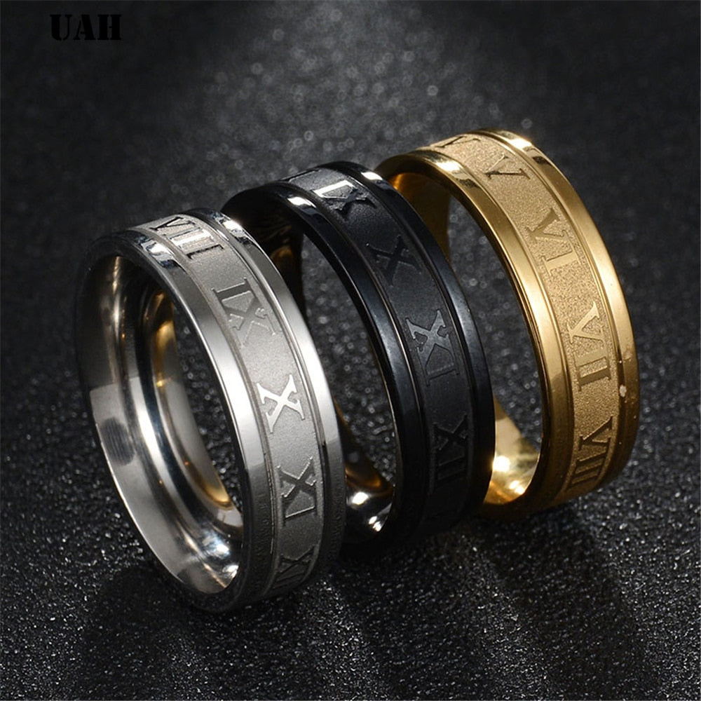 UAH 6 mm 316L Stainless Steel Wedding Band Ring Roman Numerals Gold Black Cool Punk Rings for Men Women Fashion Jewelry